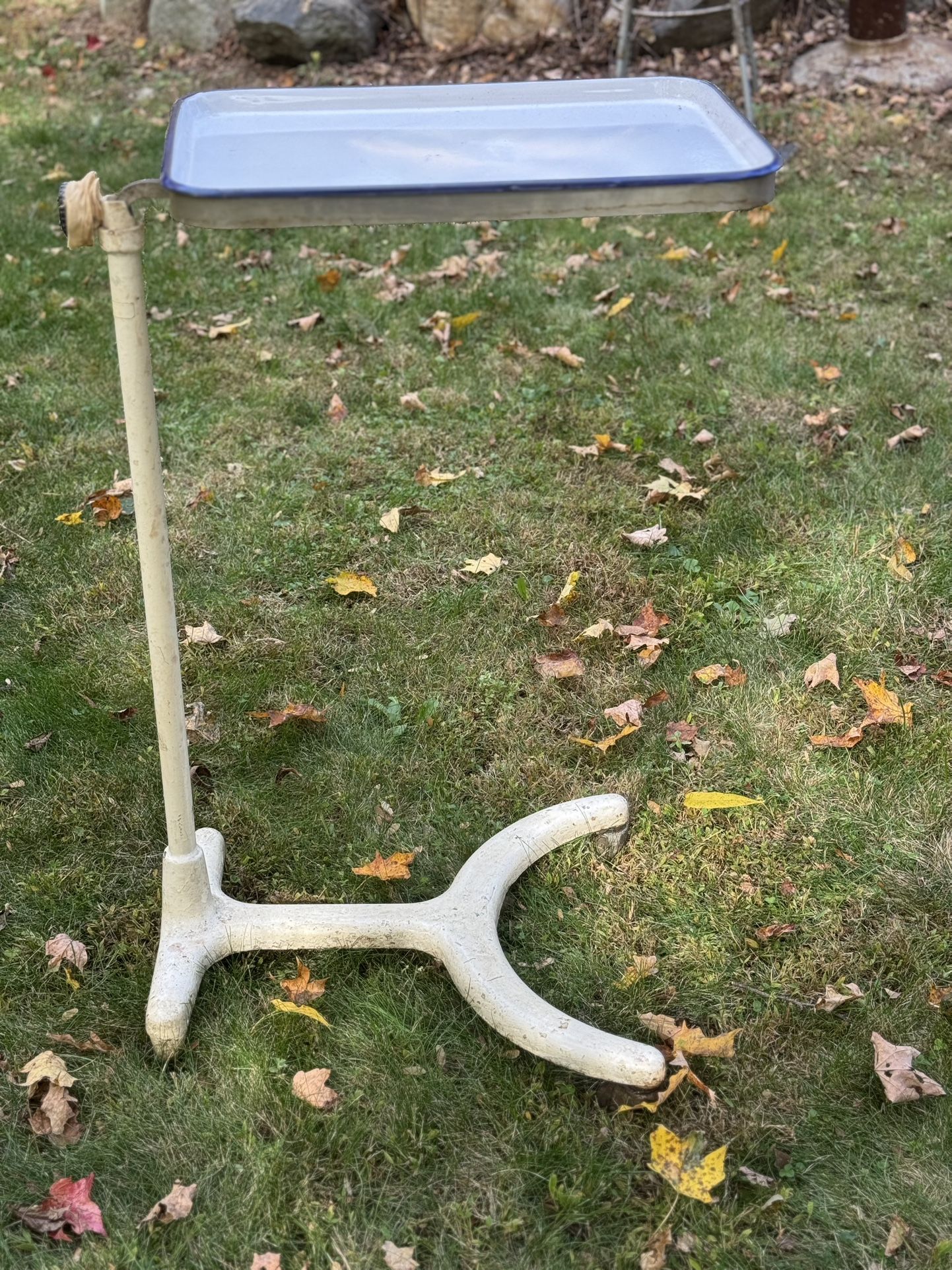 Antique Porcelain Enamel Metal Adjustable Medical Dental Side Table by Bronze Craft Inc. NYC. 