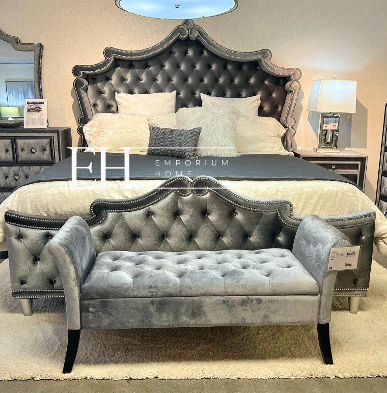 Queen bed Grey velvet glam design crystals new style upholstery bed

