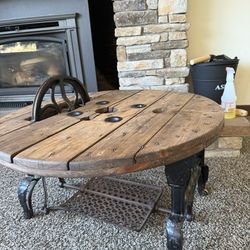 Rustic Farmhouse Table – Made from Antique White Treadle Sewing Machine Unique spool wood top, cast iron base, functional pedal