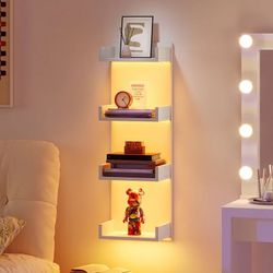 Wall Shelf with LED Remote Control Lights, 4-Tier Floating Shelves Wall-Mounted for Storage, Vertical Display Stand, Modern Column Rack, for Bedroom, 