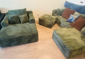 Green Corduroy Sectional Sofa with Ottoman