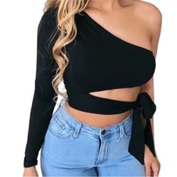 EUC Iris Classic Black Bandage One-shoulder Long Sleeve Sexy Top Size S