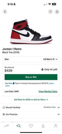 Size 12 Jordan 1 Retro Black Toe (2016)