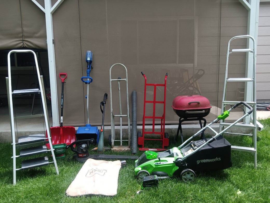 Various Yard Tools Lawn Mower Dollies Trimmer Seed Spreader Grill Ladders