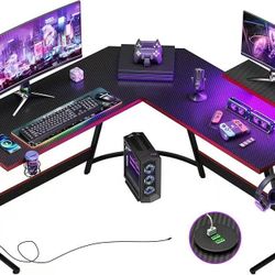 ❤️L Shaped Gaming Desk with LED Lights & Power Outlet 