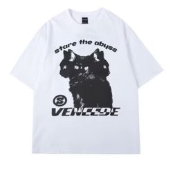 Tide Brand American High Street Short Sleeved T-shirt Men's Summer Y2K Cat Print High Quality Couple Loose Oversized T-shirts