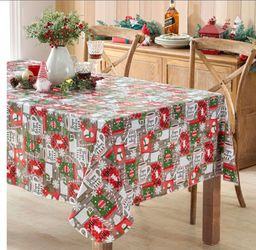 Newbridge Jolly Holiday Candy Cane Christmas Vinyl Tablecloth with Flannel Backing, Grey Red Green Wipe Clean Table Cover, 52 x 70 Inch Rectangle