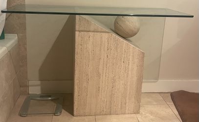 Postmodern Italian Travertine Marble Console table with Floating Orb,