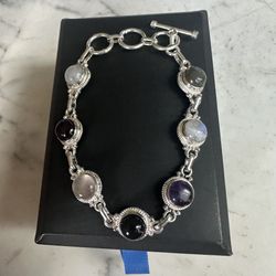 925 Sterling Silver Natural Gemstones Bracelet, Size 7-8 Adjustable, Toggle Closure , Moonstones, Amethyst, Blk. Onyx, And Labradorite, Marked 925