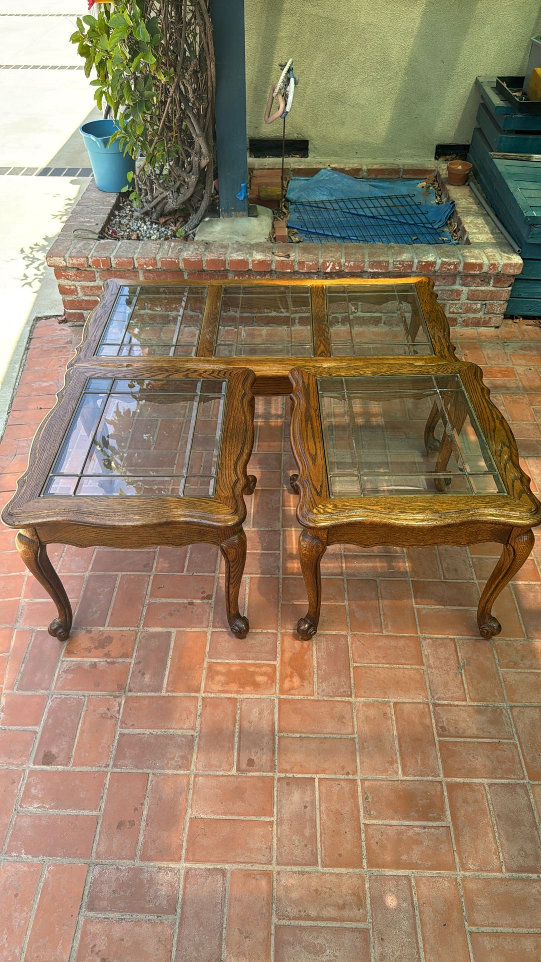 SET of 3 French Country Provencial Wood Glass Panel Coffee Table End Tables