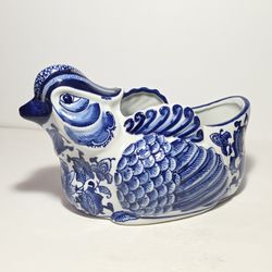 Blue and White Bird Planter
