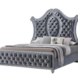 VINTAGE GLAM GRAY VELVET-FRAME TUFTED ACCENTS-CAMA