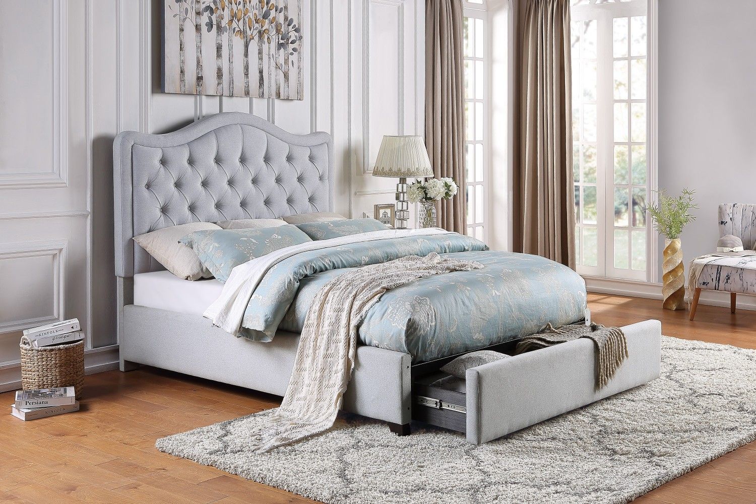 Brand new light gray linen queen storage bed frame