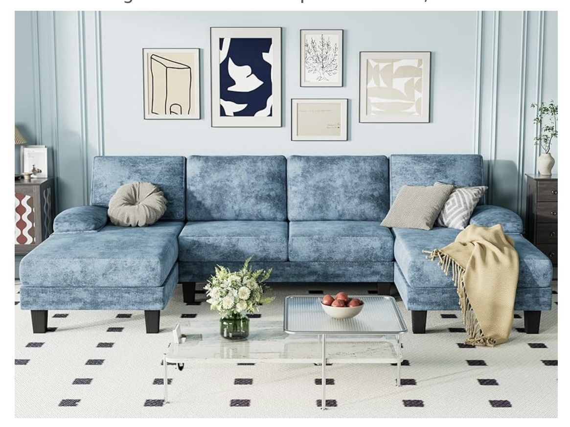 Modern U-Shape Sectional Sofa, 4 Seat Oversized Sofa with Chaise for Living Room/blue