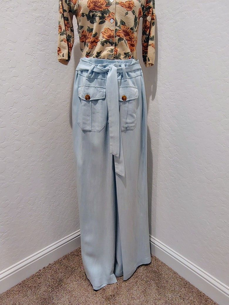 NY&CO EVA MENDES Wide-Leg High-Waisted Pants w/Matching Belt, Seafoam Pale Blue