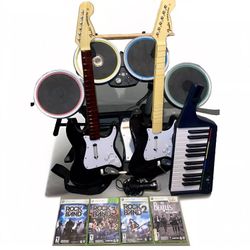 Xbox 360 Complete Rock Band With Drums, 2 Guitars, Mic, Piano Keyboard, 4 Games!