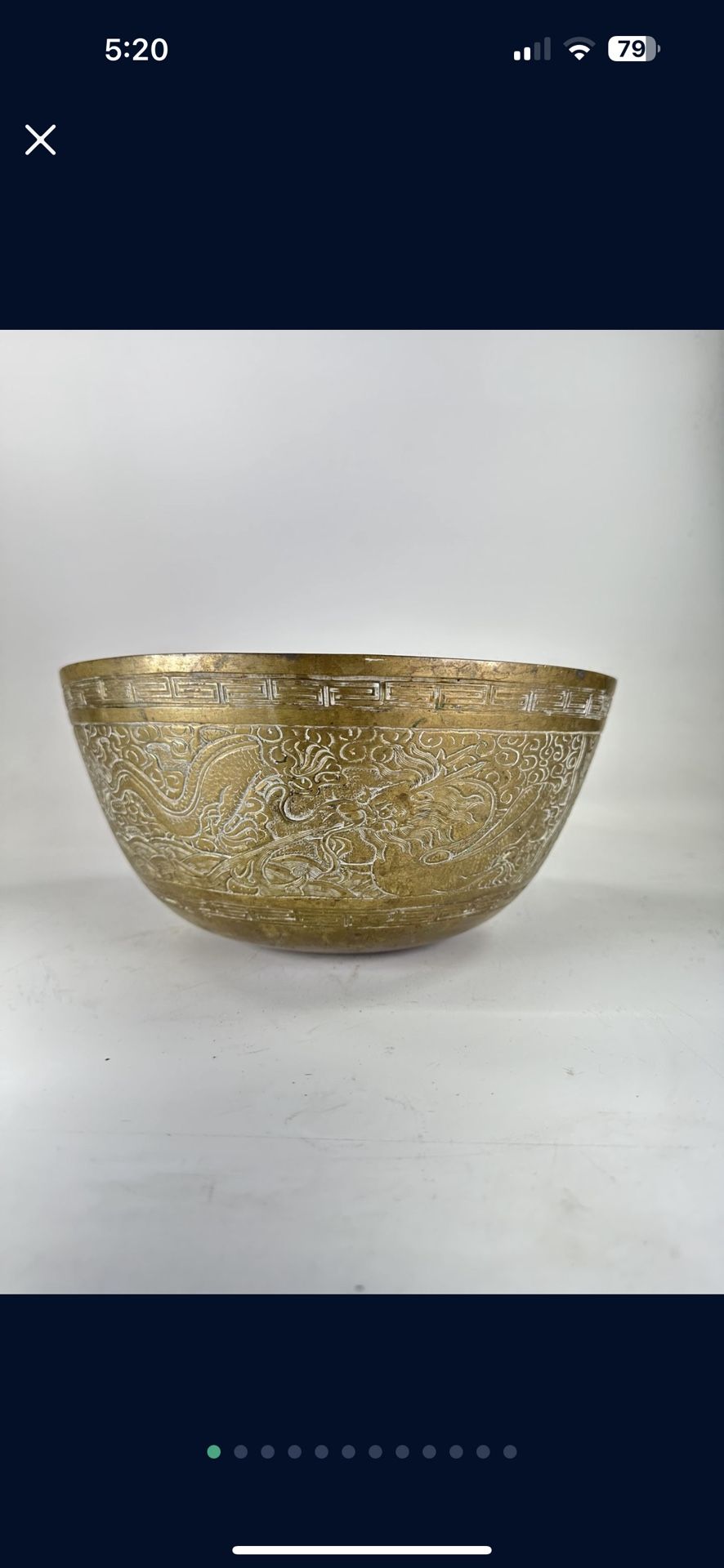 Antique Chinese Bronze Bowl Engraved Dragon Head Handles Late Qing Republic Mark
