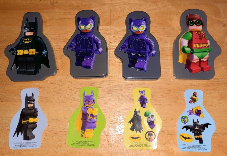 (4) McDonald's Happy Meal Lego Batman Movie Cat Woman/Robin Storage Tins + 4 Set Stickers 2017 The Lego Group, Waren Bros, DC Comics