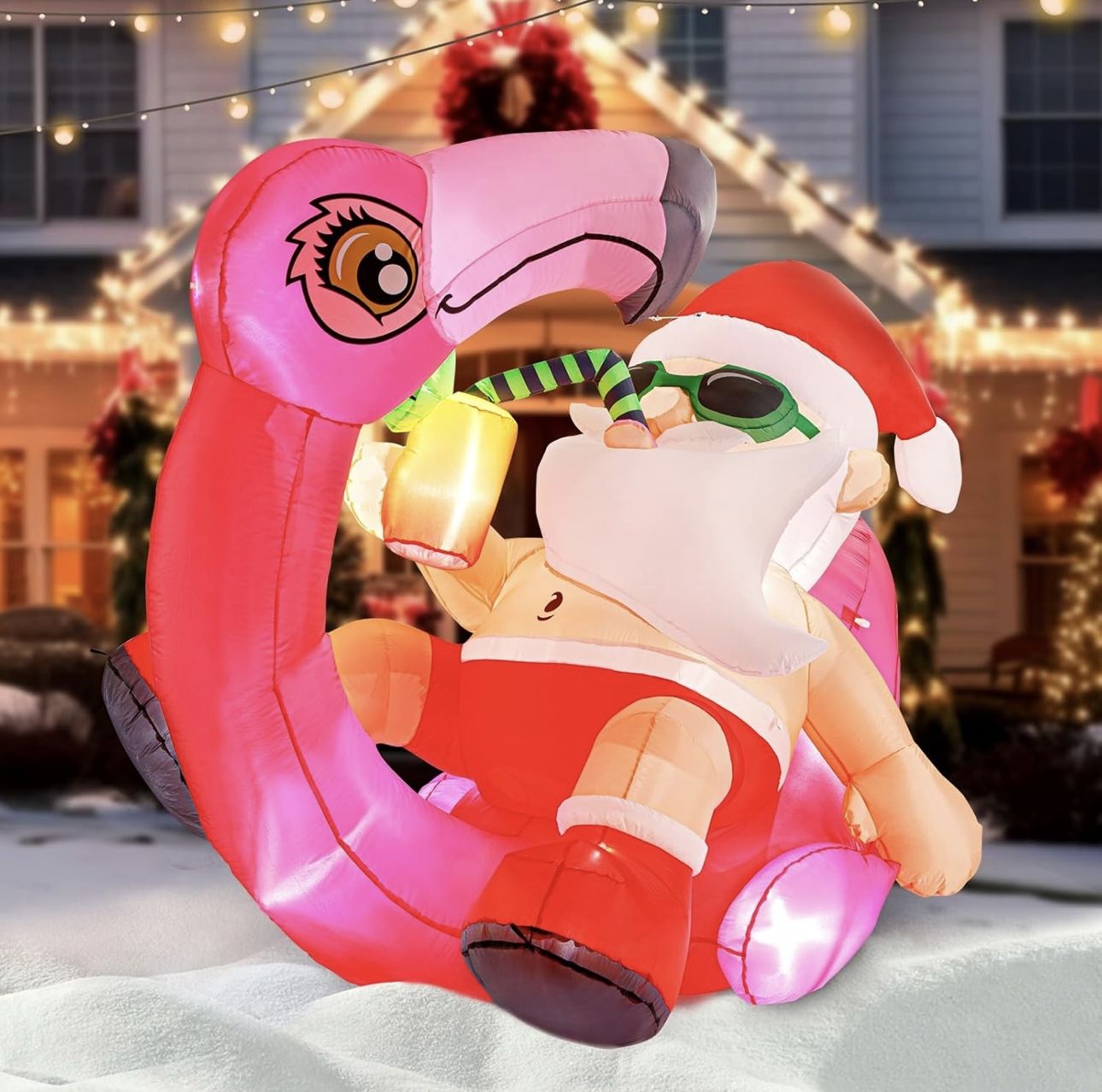 7ft Santa with Flamingo Inflatable, Larger Than Life-Size Outdoor Christmas Decoration with Built-in LEDs, Outdoor Yard Decorations