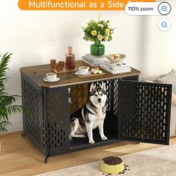 43.7” large Heavy Duty Dog Crate Furniture for Large and Medium Dogs, Cushion & Wheels, W-64