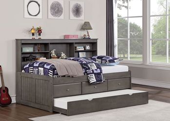 New Gray Kids Twin Captains Bed With Trundle 