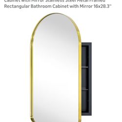 Brushed Gold Arched Recessed Bathroom Medicine Rectangular Bathroom Cabinet with Mirror 16x28.3"