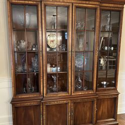 Gorgeous Large China Cabinet with Glass Doors and Glass Shelves. Interior Lighting. 2 Pieces. Dental Molding. Flame design