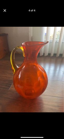 Vintage Mid-Century Hand-Blown Glass Pitcher - Orange & Green Handle