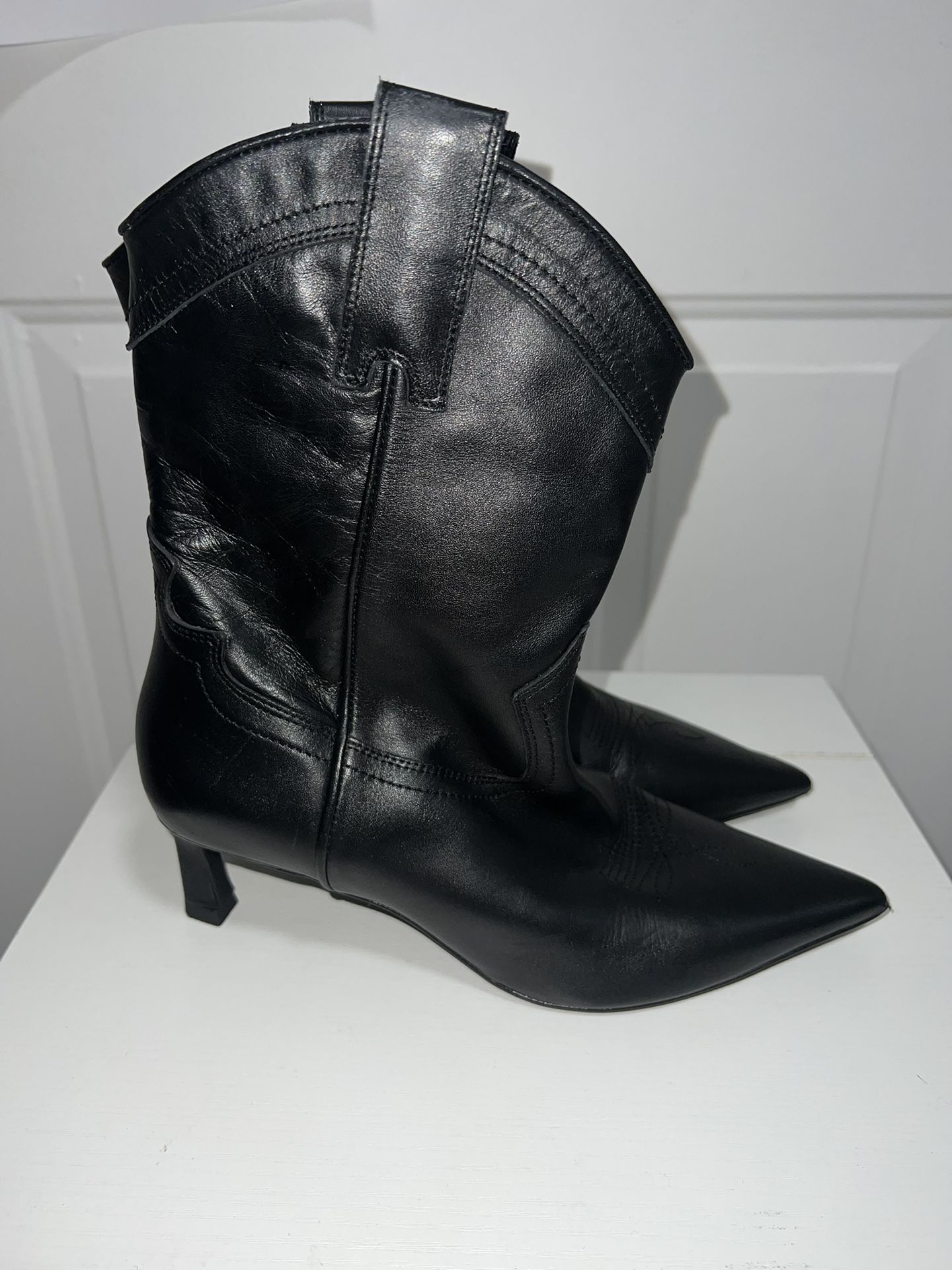 Zara Black Cowboy Leather Ankle Heeled Boots
