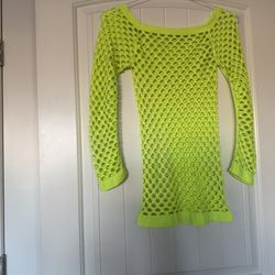Neon Lime Green Fishnet Mesh Long Sleeve Tunic – Y2K Festival Rave Layering Top - Brand New (S)