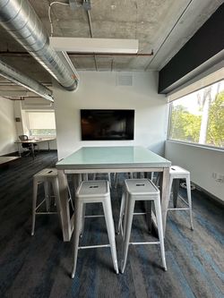 2 rectangular table + 8 grey metal bar stool