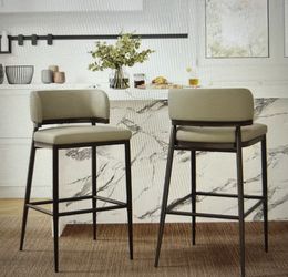 Redford Modern 30 in. Khaki Low Back Metal Frame and Leathaire Fabric Upholstered Barstool (Set of 2)