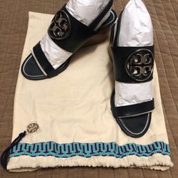 TORY BURCH Leather Dark Navy Blue Block Heel Sandal