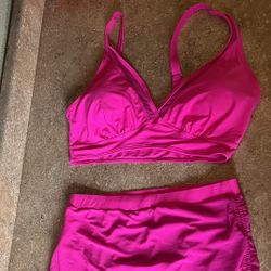 Brand New Pink Two Piece High Waist Bathing Suit With Bathing Suit Cover Attached Tummy Clincher