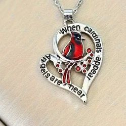 Lovely Red Cardinal Heart Shaped Memorial Silver Tone Necklace 