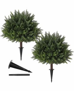 LUWENER 23.6Inch Artificial Cedar Topiary, 2 Pack UV Resistant Faux Evergreen Shrubs with Ground Spikes, Indoor Outdoor Potted Plants for Porch, Garde