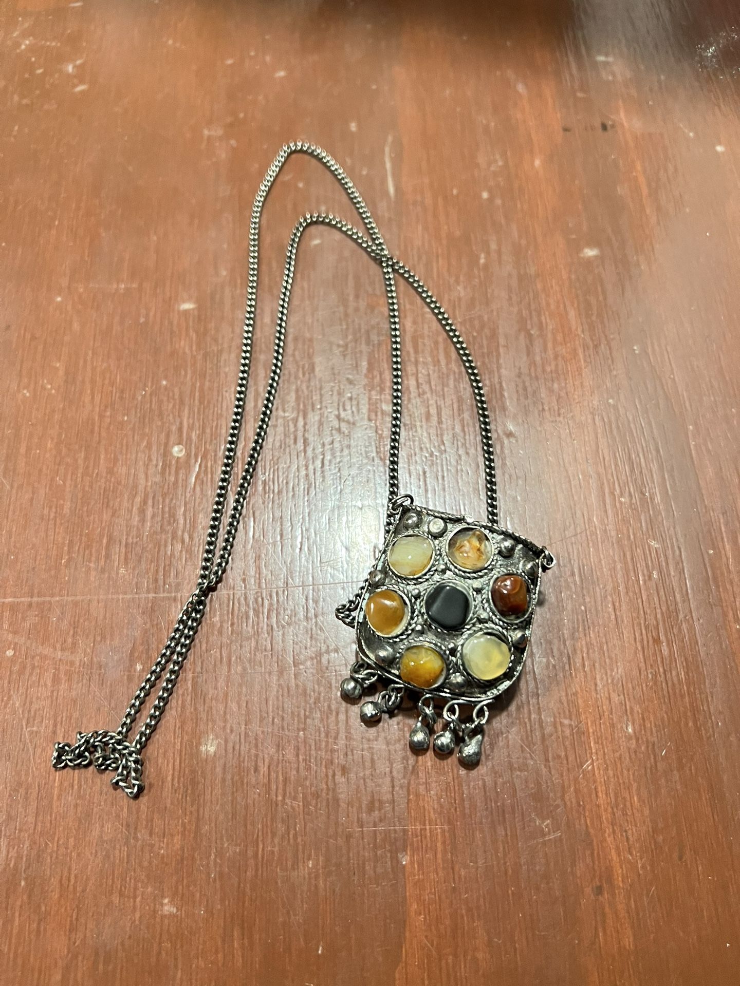 Vintage Sajai metal coin purse, semi precious stones on a chain 36”