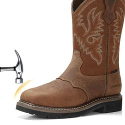 Waterproof Square Toe Cowboy Boots Slip on, Comfortable Soft Toe Pull on Western Safety Work Shoes for Construction Industrial Working Welding Riding,