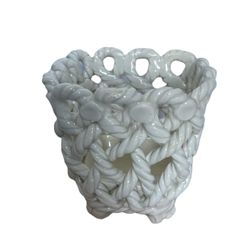 Vintage White Porcelain Basket Weave Cache Pot Spain