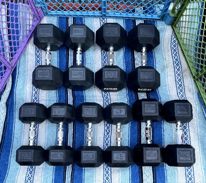  SET OF RUBBER DUMBBELLS (PAIRS OF)  :  40s  45s  50s  55s  60s   •  Will Sell Individually 