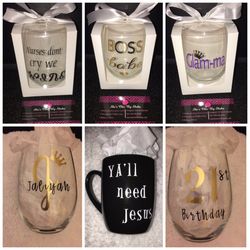 Personalized mugs and wine glasses
