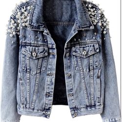 Women Embroidered  Pearl  Denim Jacket Coat