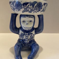 Vintage Chinoiserie Asian Blue & White porcelain Monkey holding bowl. Asian. Trinket/ candy dish.