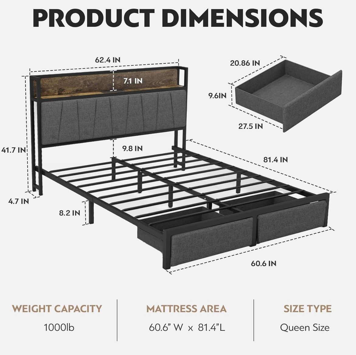 Queen Size Bed Frame with Headboard and Storage, Drawers Platform Bed Frame with Storage Chargin Station LED Light Bedframe, Heavy Duty, No Box Spring