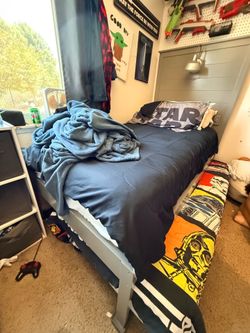 Twin bed frame and headboard with light