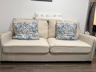Beige Linen Sofa with Nailhead Trim