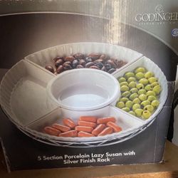 GODINGER 5 SECTION PORCELAIN LAZY SUSAN WITH SILVER FINISH RACK SERVING TRAY SERVER