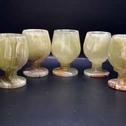 Set of 5 Natural Stone Green Marbled Onyx Goblet Shaped Cordial/Shot Glasses-3"