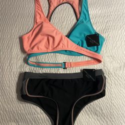 New Womens L/Large 2pc Vanilla Beach Sport Vibtage Black Blue & Coral Wrap Around Bikini Swinsuit