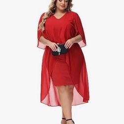 Hanna Nikole Women's Plus Size Chiffon Cocktail Dress with Ruffles 3/4 Sleeves High Low Hem Wedding Guest Party Dresses